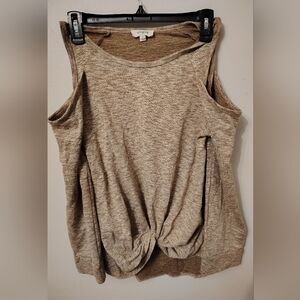 Umgee Women's Size Small Heathered Tan Cold Shoulder Twist Front